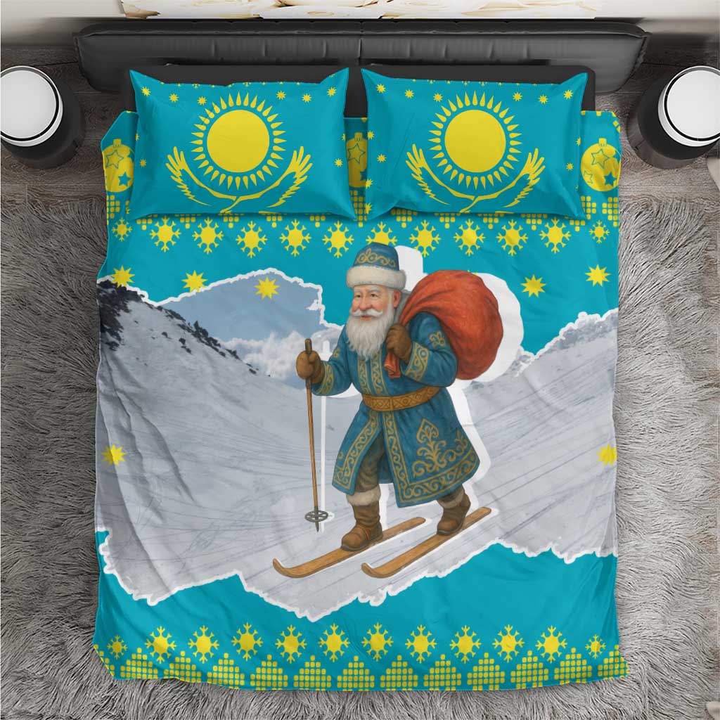 Kazakhstan Christmas Bedding Set with Santa Skiing in Traditional Outfit Snow Mountain and Sun Pattern - Wonder Print Shop