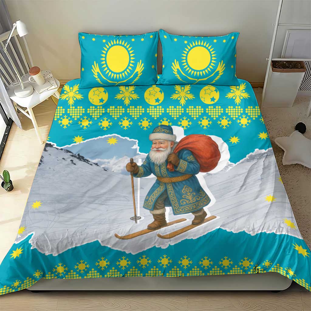 Kazakhstan Christmas Bedding Set with Santa Skiing in Traditional Outfit Snow Mountain and Sun Pattern - Wonder Print Shop