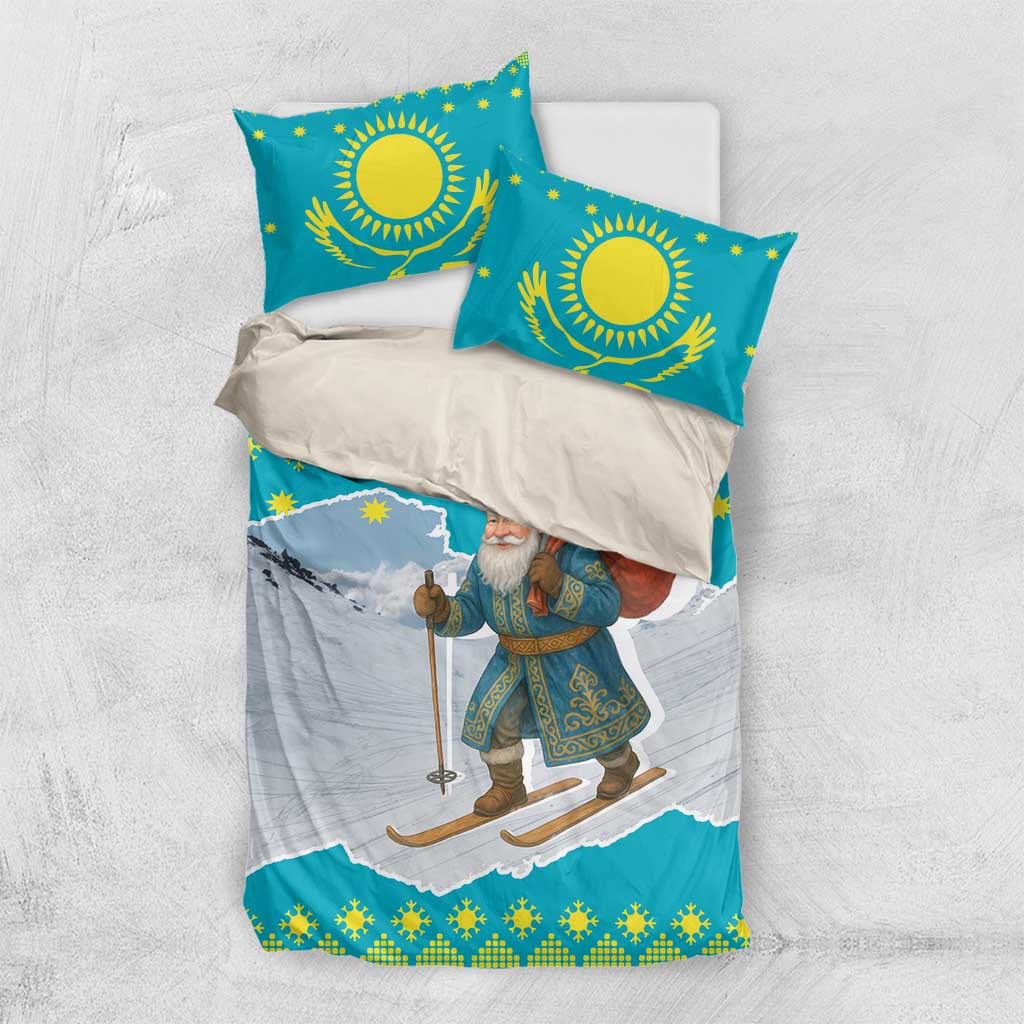 Kazakhstan Christmas Bedding Set with Santa Skiing in Traditional Outfit Snow Mountain and Sun Pattern - Wonder Print Shop