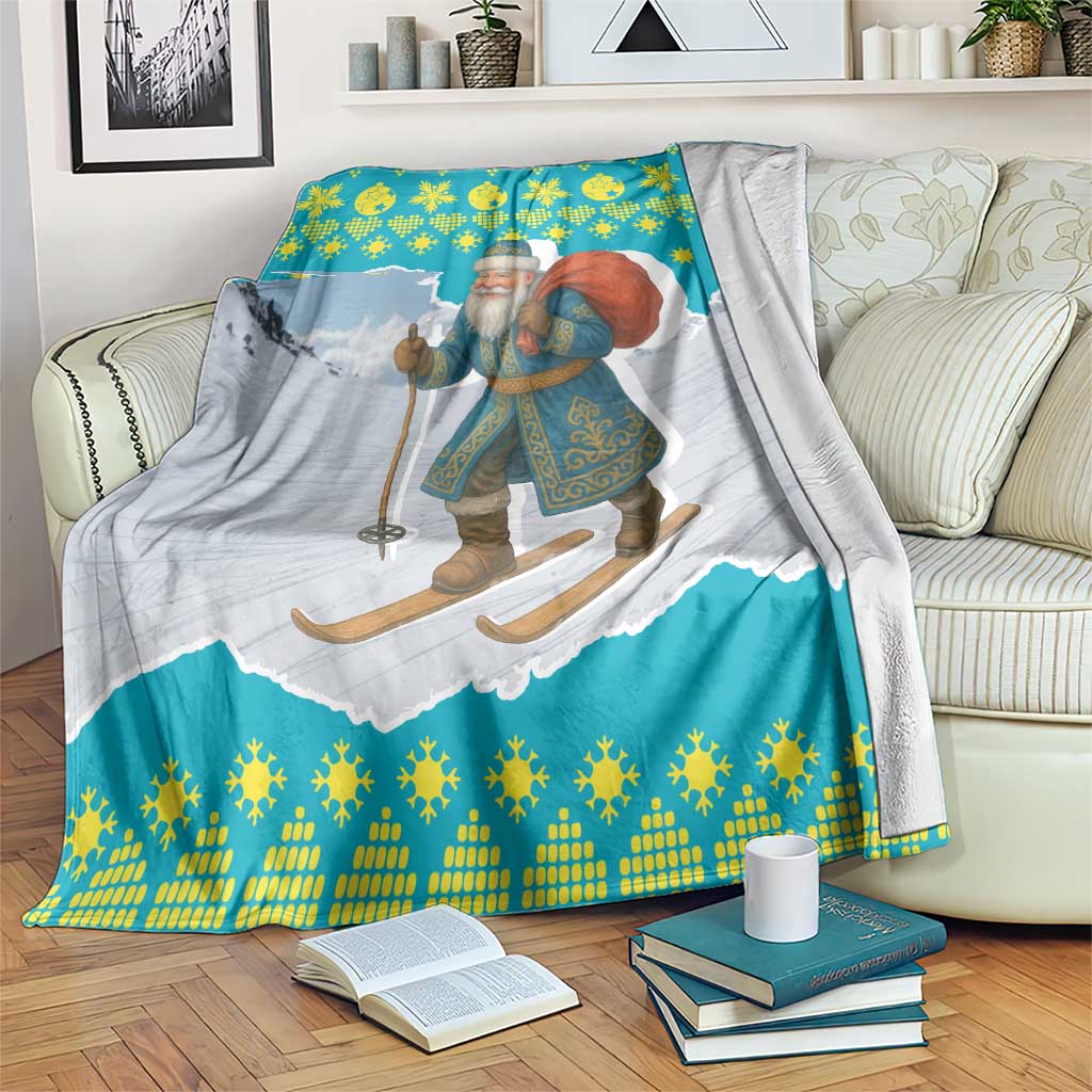Kazakhstan Christmas Blanket with Santa Skiing in Traditional Outfit Snow Mountain and Sun Pattern - Wonder Print Shop