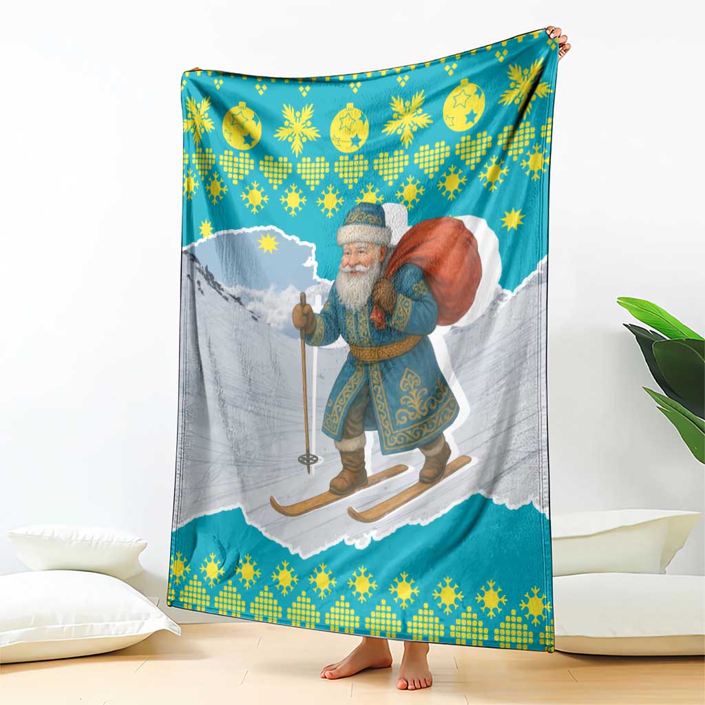 Kazakhstan Christmas Blanket with Santa Skiing in Traditional Outfit Snow Mountain and Sun Pattern - Wonder Print Shop