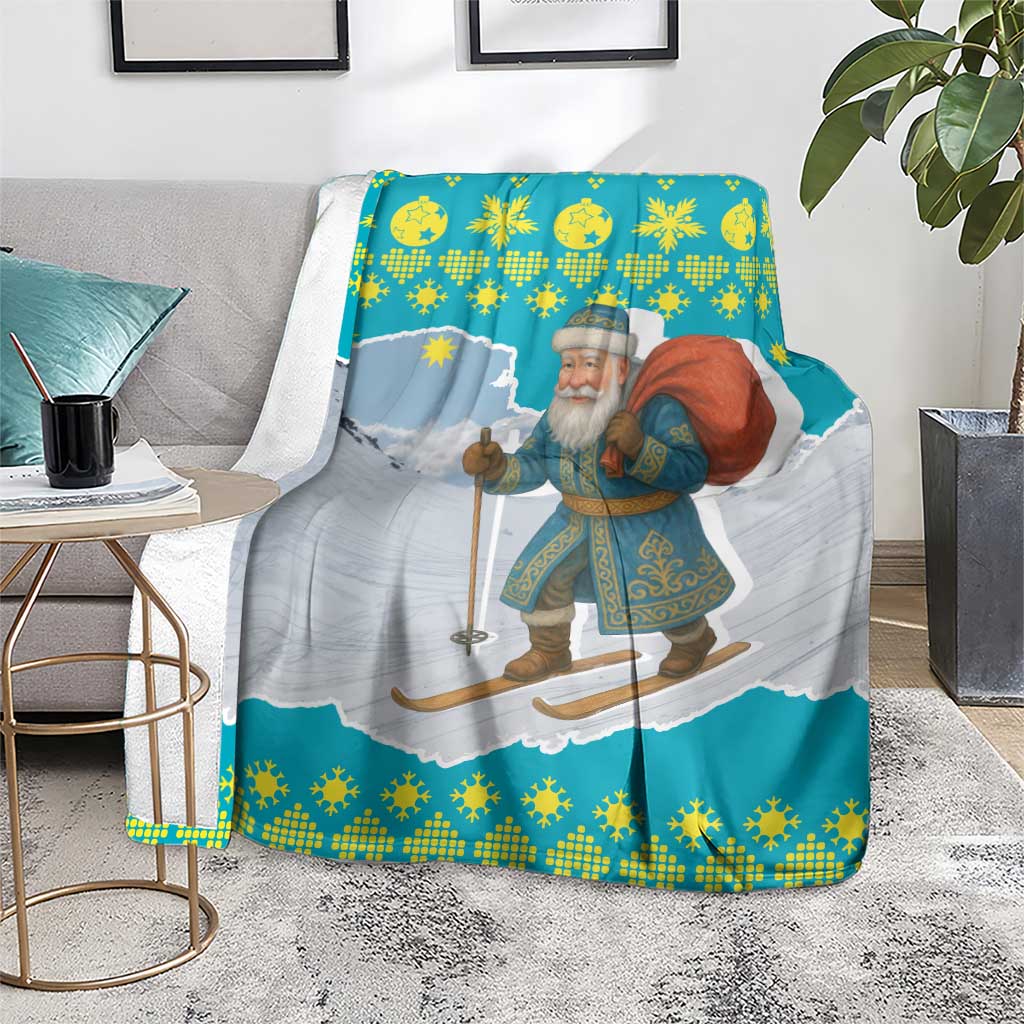 Kazakhstan Christmas Blanket with Santa Skiing in Traditional Outfit Snow Mountain and Sun Pattern - Wonder Print Shop