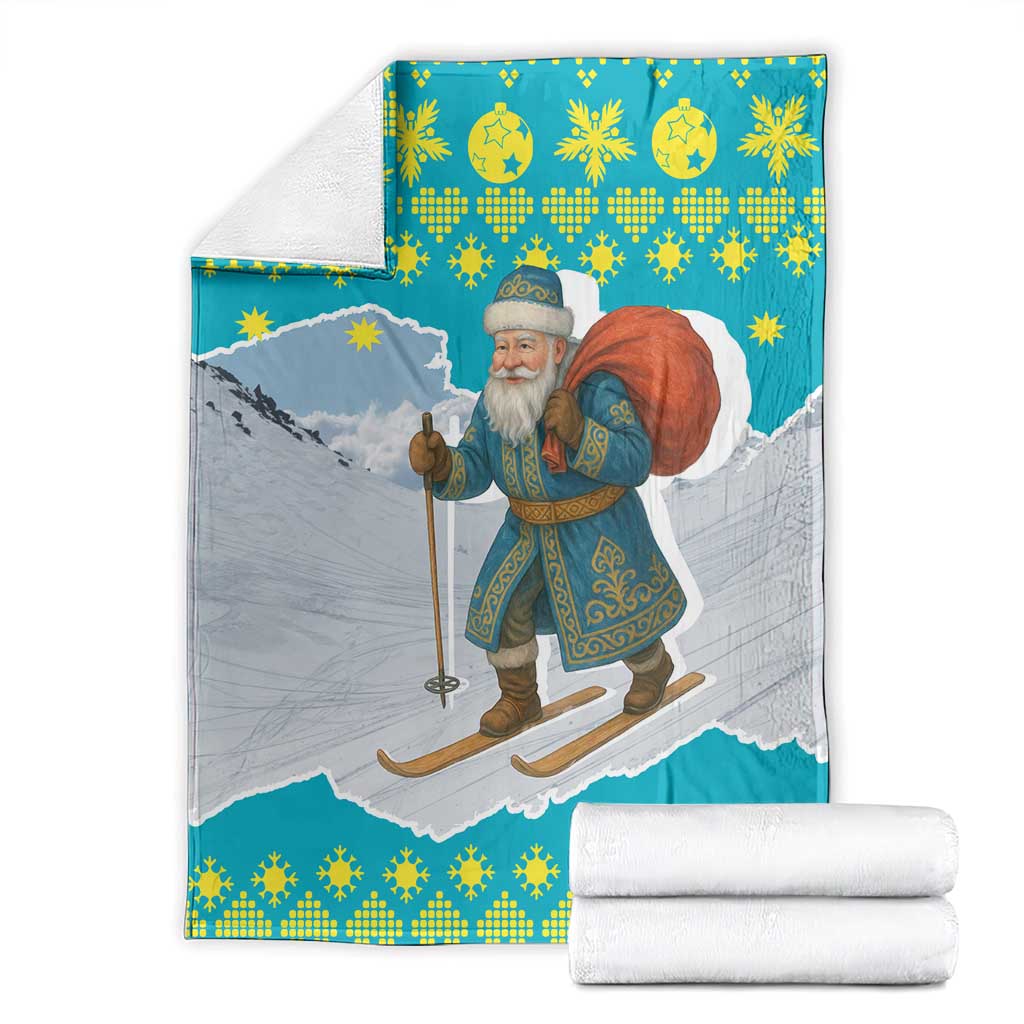 Kazakhstan Christmas Blanket with Santa Skiing in Traditional Outfit Snow Mountain and Sun Pattern - Wonder Print Shop