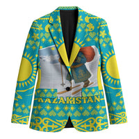Kazakhstan Christmas Blazer with Santa Skiing in Traditional Outfit Snow Mountain and Sun Pattern - Wonder Print Shop