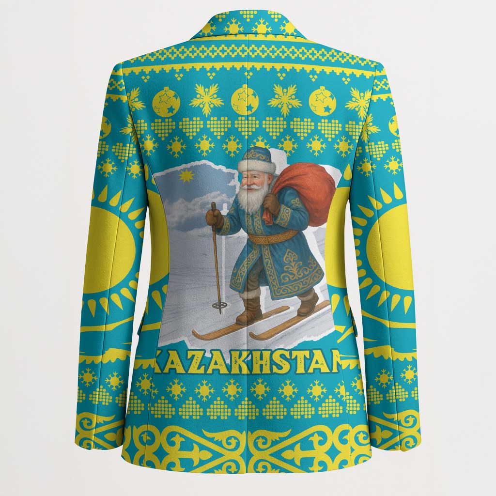 Kazakhstan Christmas Blazer with Santa Skiing in Traditional Outfit Snow Mountain and Sun Pattern - Wonder Print Shop