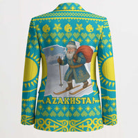 Kazakhstan Christmas Blazer with Santa Skiing in Traditional Outfit Snow Mountain and Sun Pattern - Wonder Print Shop