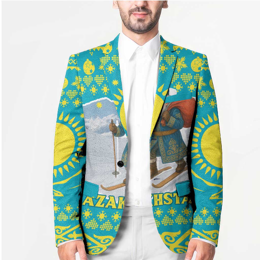 Kazakhstan Christmas Blazer with Santa Skiing in Traditional Outfit Snow Mountain and Sun Pattern - Wonder Print Shop