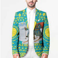 Kazakhstan Christmas Blazer with Santa Skiing in Traditional Outfit Snow Mountain and Sun Pattern - Wonder Print Shop
