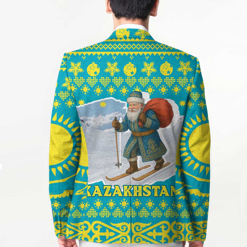 Kazakhstan Christmas Blazer with Santa Skiing in Traditional Outfit Snow Mountain and Sun Pattern - Wonder Print Shop