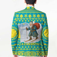 Kazakhstan Christmas Blazer with Santa Skiing in Traditional Outfit Snow Mountain and Sun Pattern - Wonder Print Shop