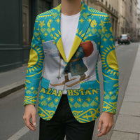 Kazakhstan Christmas Blazer with Santa Skiing in Traditional Outfit Snow Mountain and Sun Pattern - Wonder Print Shop