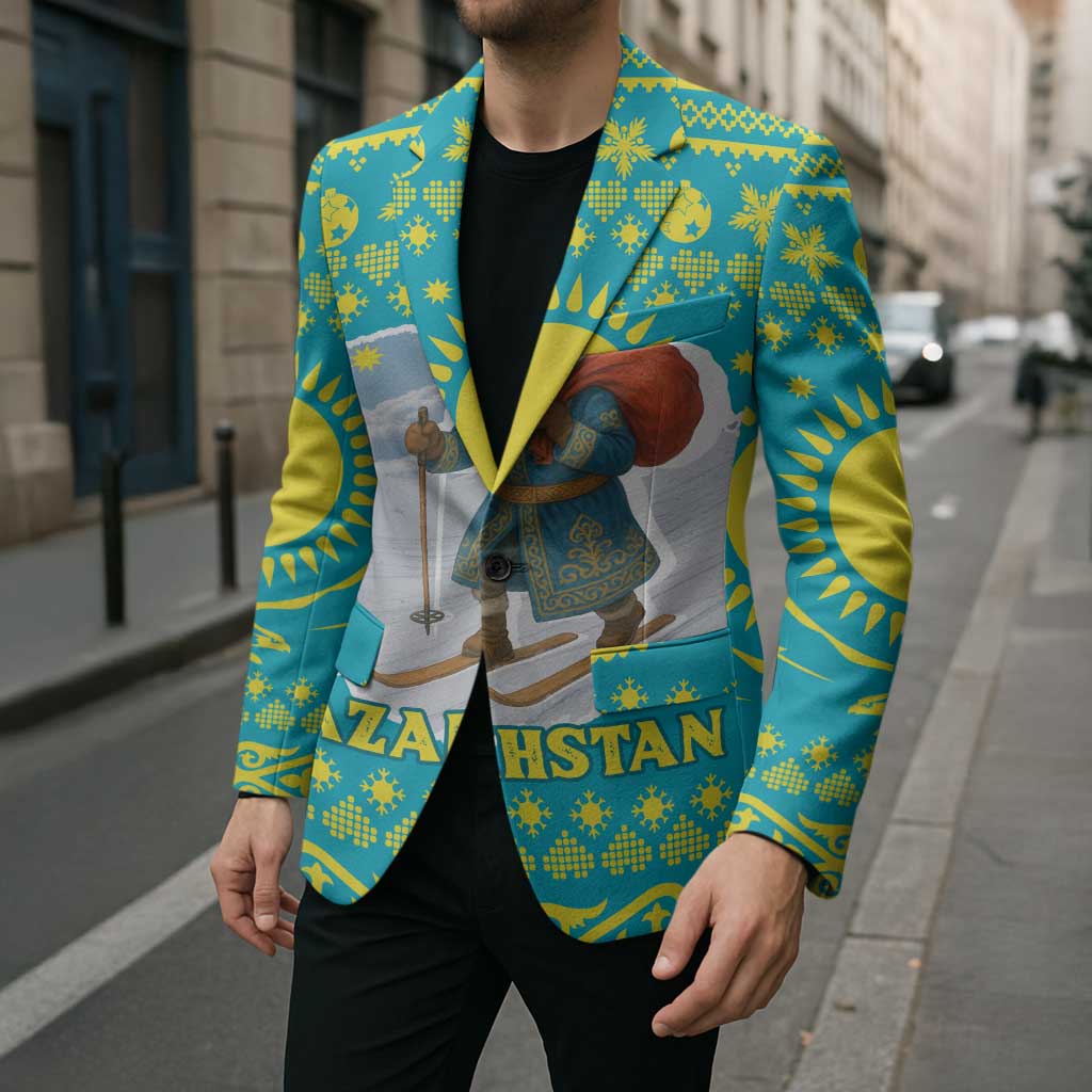Kazakhstan Christmas Blazer with Santa Skiing in Traditional Outfit Snow Mountain and Sun Pattern - Wonder Print Shop
