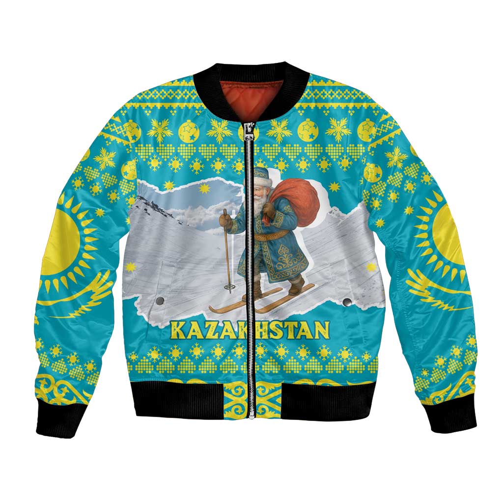 Kazakhstan Christmas Bomber Jacket with Santa Skiing in Traditional Outfit Snow Mountain and Sun Pattern - Wonder Print Shop
