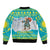 Kazakhstan Christmas Bomber Jacket with Santa Skiing in Traditional Outfit Snow Mountain and Sun Pattern - Wonder Print Shop