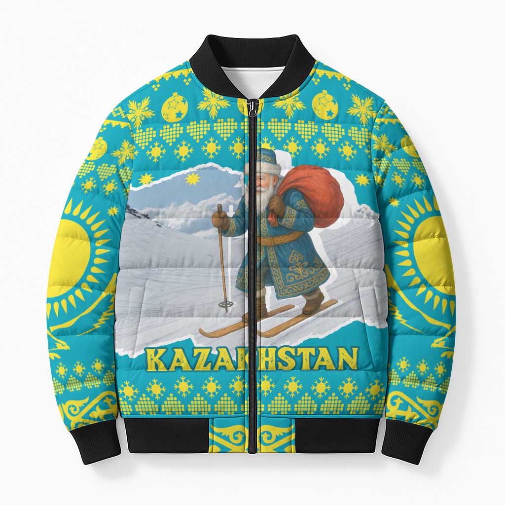 Kazakhstan Christmas Bomber Puffer Jacket with Santa Skiing in Traditional Outfit Snow Mountain and Sun Pattern - Wonder Print Shop