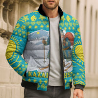 Kazakhstan Christmas Bomber Puffer Jacket with Santa Skiing in Traditional Outfit Snow Mountain and Sun Pattern - Wonder Print Shop
