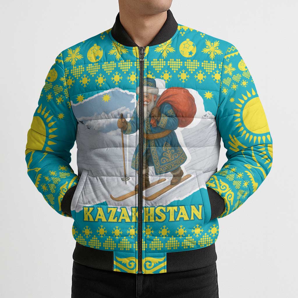 Kazakhstan Christmas Bomber Puffer Jacket with Santa Skiing in Traditional Outfit Snow Mountain and Sun Pattern - Wonder Print Shop
