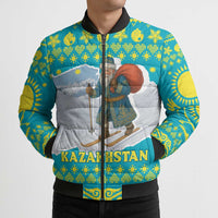 Kazakhstan Christmas Bomber Puffer Jacket with Santa Skiing in Traditional Outfit Snow Mountain and Sun Pattern - Wonder Print Shop