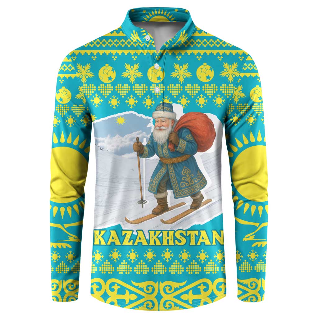 Kazakhstan Christmas Button Sweatshirt with Santa Skiing in Traditional Outfit Snow Mountain and Sun Pattern - Wonder Print Shop
