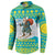 Kazakhstan Christmas Button Sweatshirt with Santa Skiing in Traditional Outfit Snow Mountain and Sun Pattern - Wonder Print Shop