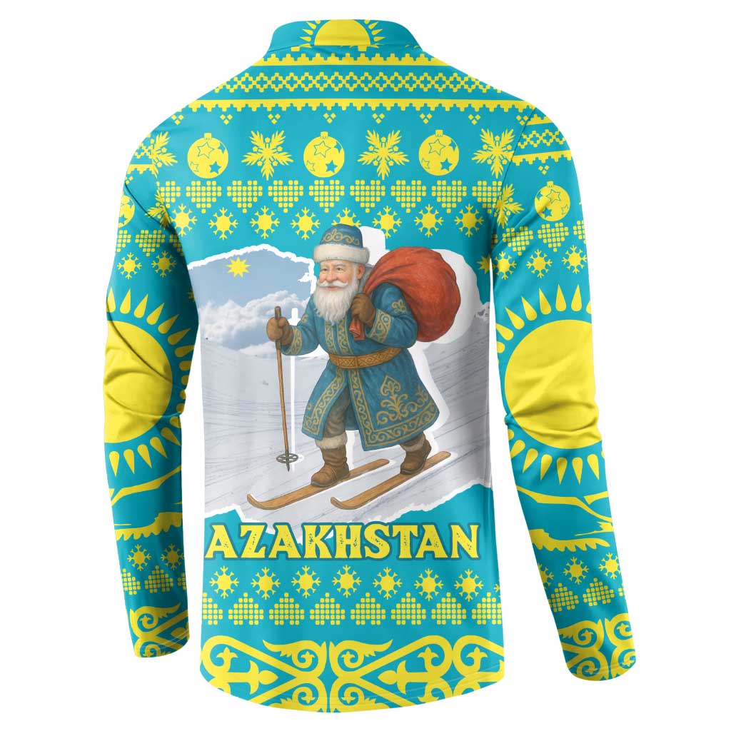 Kazakhstan Christmas Button Sweatshirt with Santa Skiing in Traditional Outfit Snow Mountain and Sun Pattern - Wonder Print Shop