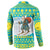 Kazakhstan Christmas Button Sweatshirt with Santa Skiing in Traditional Outfit Snow Mountain and Sun Pattern - Wonder Print Shop