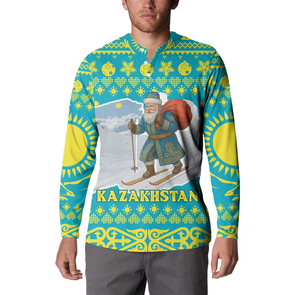Kazakhstan Christmas Button Sweatshirt with Santa Skiing in Traditional Outfit Snow Mountain and Sun Pattern - Wonder Print Shop