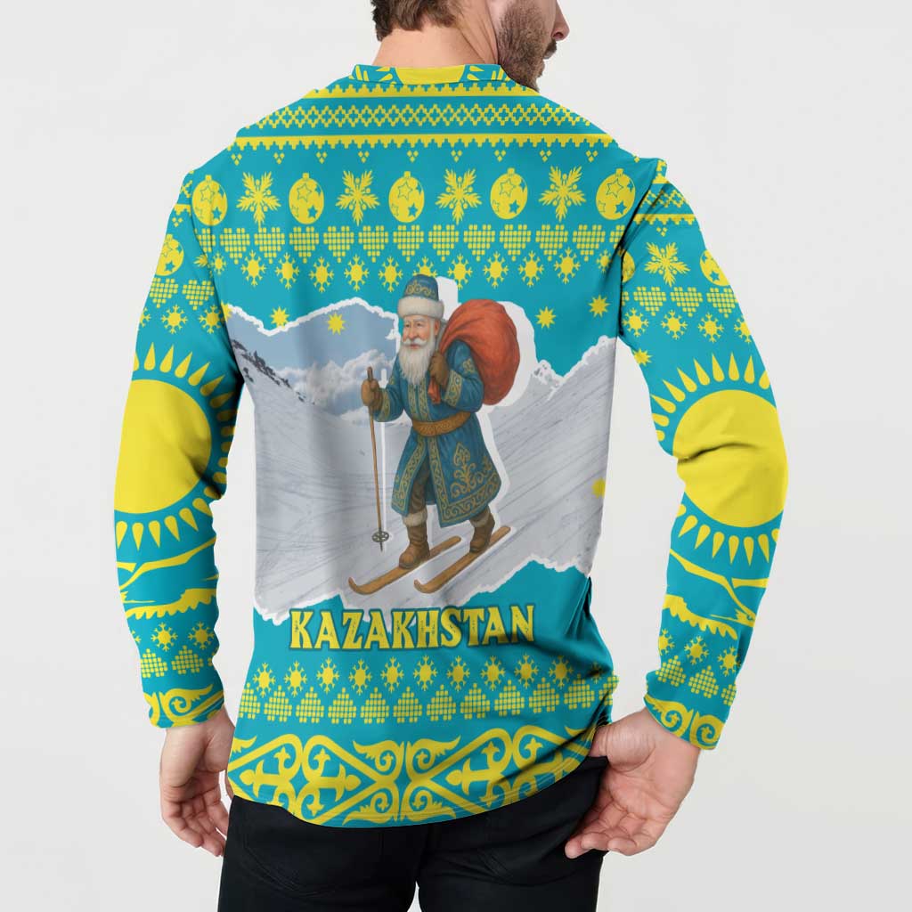 Kazakhstan Christmas Button Sweatshirt with Santa Skiing in Traditional Outfit Snow Mountain and Sun Pattern - Wonder Print Shop