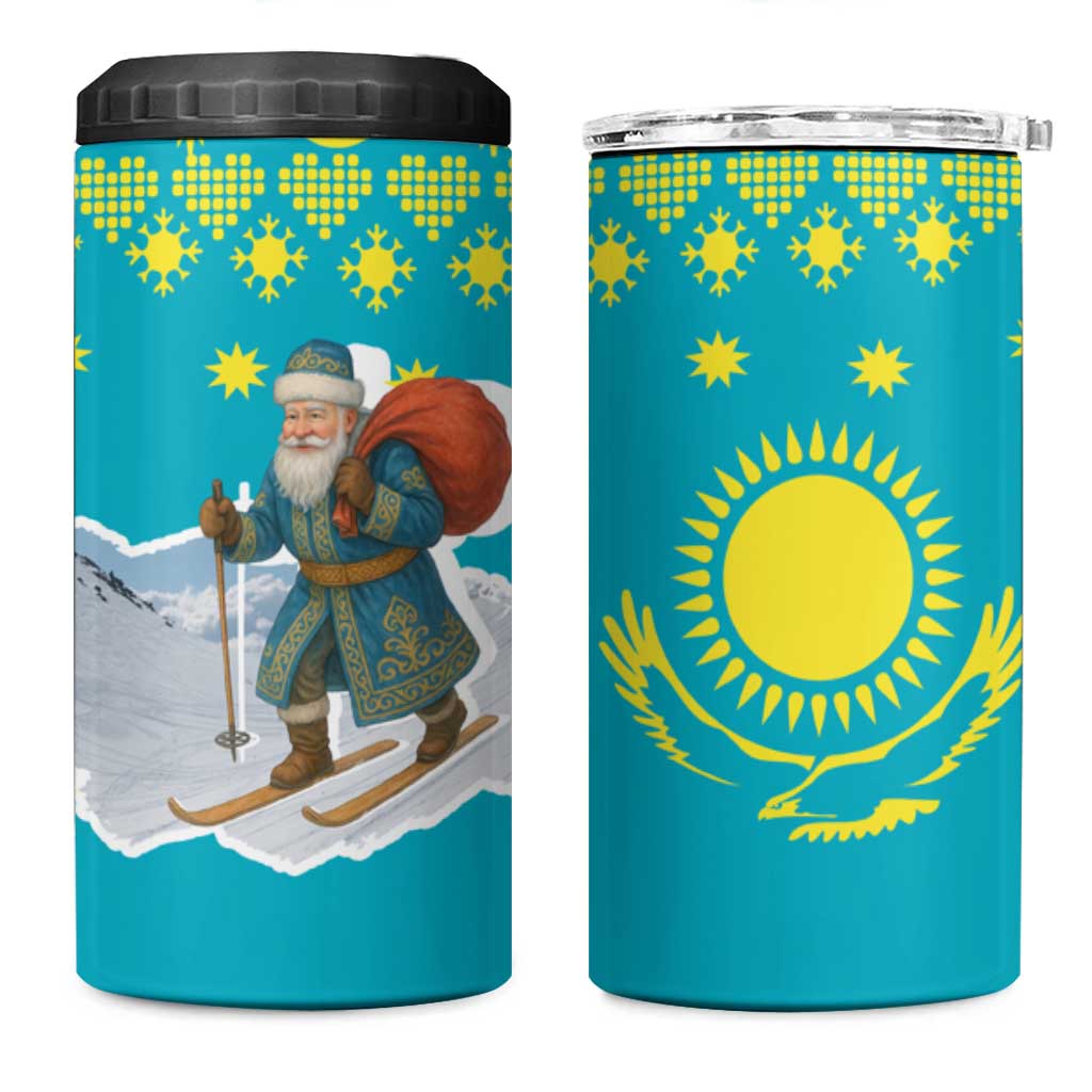 Kazakhstan Christmas 4 in 1 Can Cooler Tumbler with Santa Skiing in Traditional Outfit Snow Mountain and Sun Pattern - Wonder Print Shop