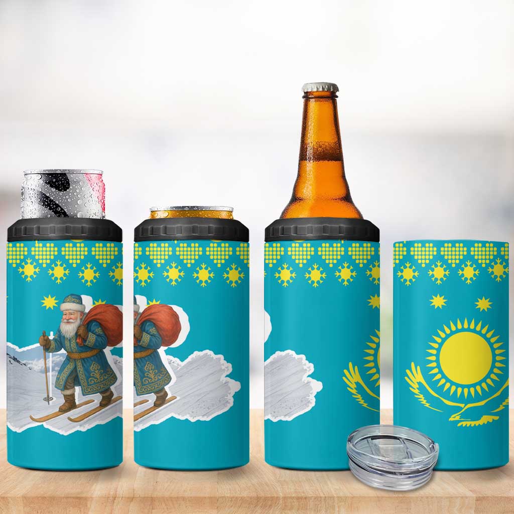 Kazakhstan Christmas 4 in 1 Can Cooler Tumbler with Santa Skiing in Traditional Outfit Snow Mountain and Sun Pattern - Wonder Print Shop