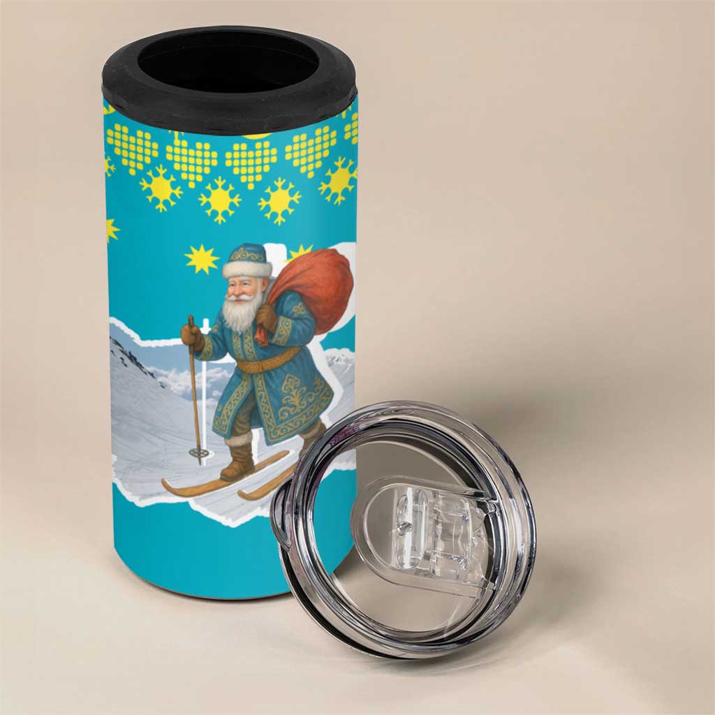Kazakhstan Christmas 4 in 1 Can Cooler Tumbler with Santa Skiing in Traditional Outfit Snow Mountain and Sun Pattern - Wonder Print Shop