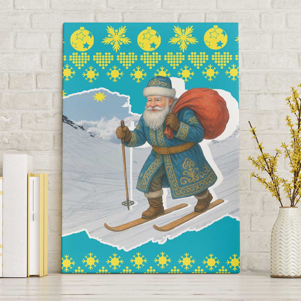 Kazakhstan Christmas Canvas Wall Art with Santa Skiing in Traditional Outfit Snow Mountain and Sun Pattern - Wonder Print Shop
