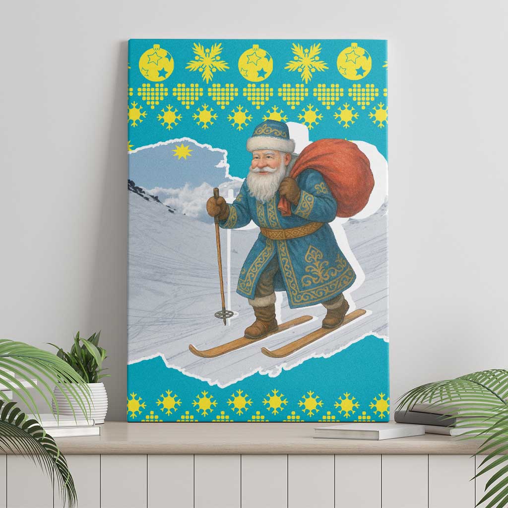 Kazakhstan Christmas Canvas Wall Art with Santa Skiing in Traditional Outfit Snow Mountain and Sun Pattern - Wonder Print Shop