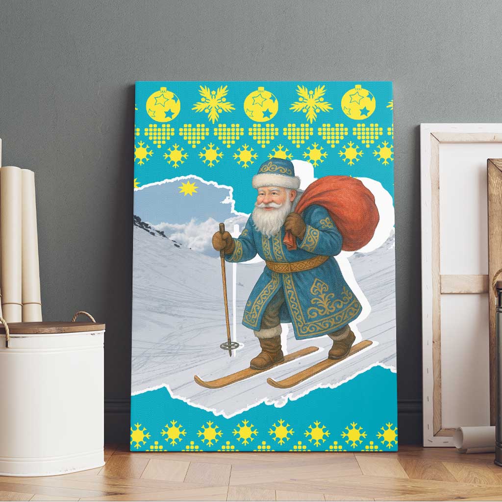 Kazakhstan Christmas Canvas Wall Art with Santa Skiing in Traditional Outfit Snow Mountain and Sun Pattern - Wonder Print Shop