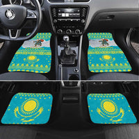 Kazakhstan Christmas Car Mats with Santa Skiing in Traditional Outfit Snow Mountain and Sun Pattern - Wonder Print Shop