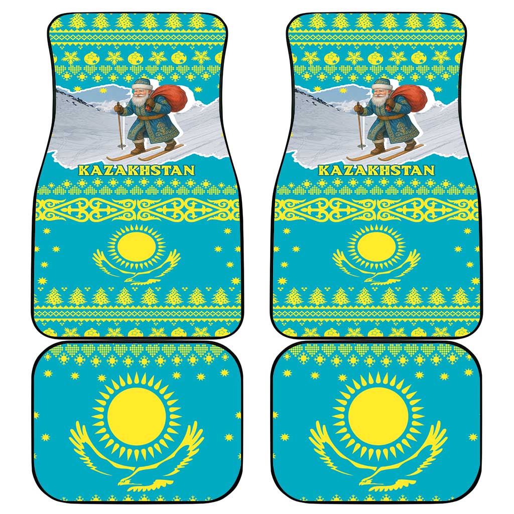 Kazakhstan Christmas Car Mats with Santa Skiing in Traditional Outfit Snow Mountain and Sun Pattern - Wonder Print Shop