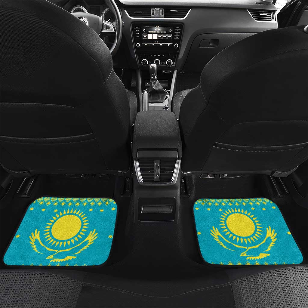 Kazakhstan Christmas Car Mats with Santa Skiing in Traditional Outfit Snow Mountain and Sun Pattern - Wonder Print Shop