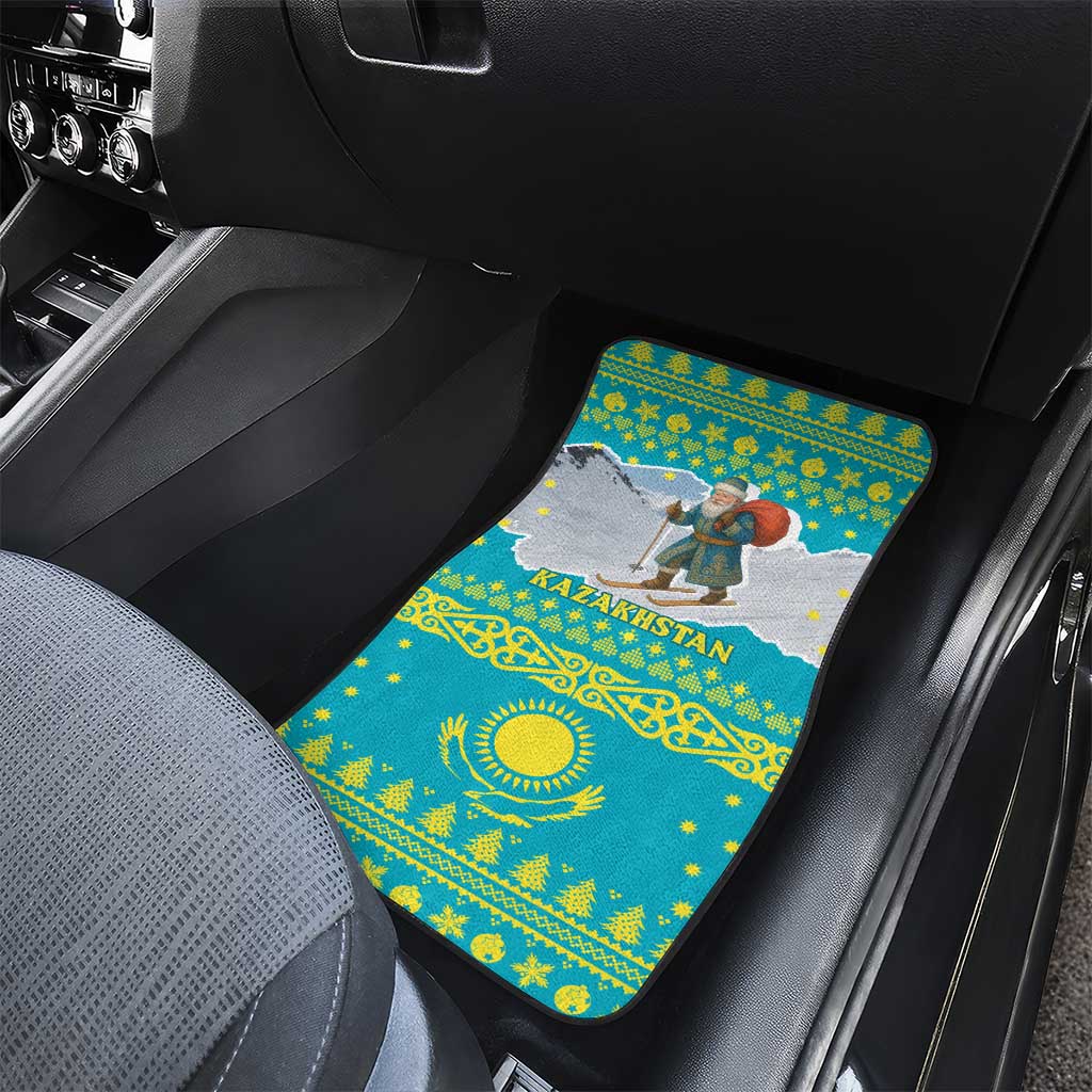 Kazakhstan Christmas Car Mats with Santa Skiing in Traditional Outfit Snow Mountain and Sun Pattern - Wonder Print Shop