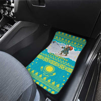Kazakhstan Christmas Car Mats with Santa Skiing in Traditional Outfit Snow Mountain and Sun Pattern - Wonder Print Shop