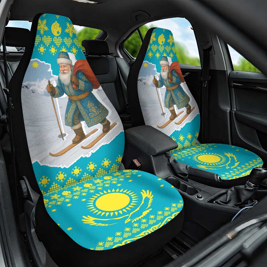 Kazakhstan Christmas Car Seat Cover with Santa Skiing in Traditional Outfit Snow Mountain and Sun Pattern - Wonder Print Shop