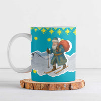 Kazakhstan Christmas Ceramic Mug with Santa Skiing in Traditional Outfit Snow Mountain and Sun Pattern - Wonder Print Shop