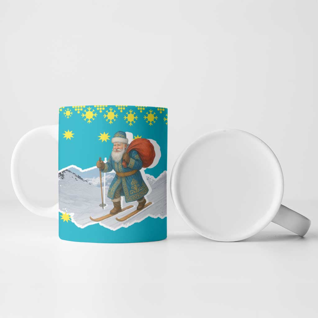 Kazakhstan Christmas Ceramic Mug with Santa Skiing in Traditional Outfit Snow Mountain and Sun Pattern - Wonder Print Shop