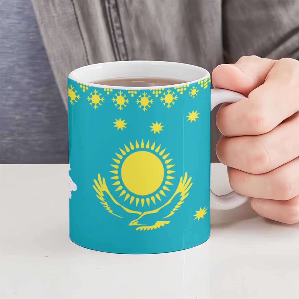 Kazakhstan Christmas Ceramic Mug with Santa Skiing in Traditional Outfit Snow Mountain and Sun Pattern - Wonder Print Shop