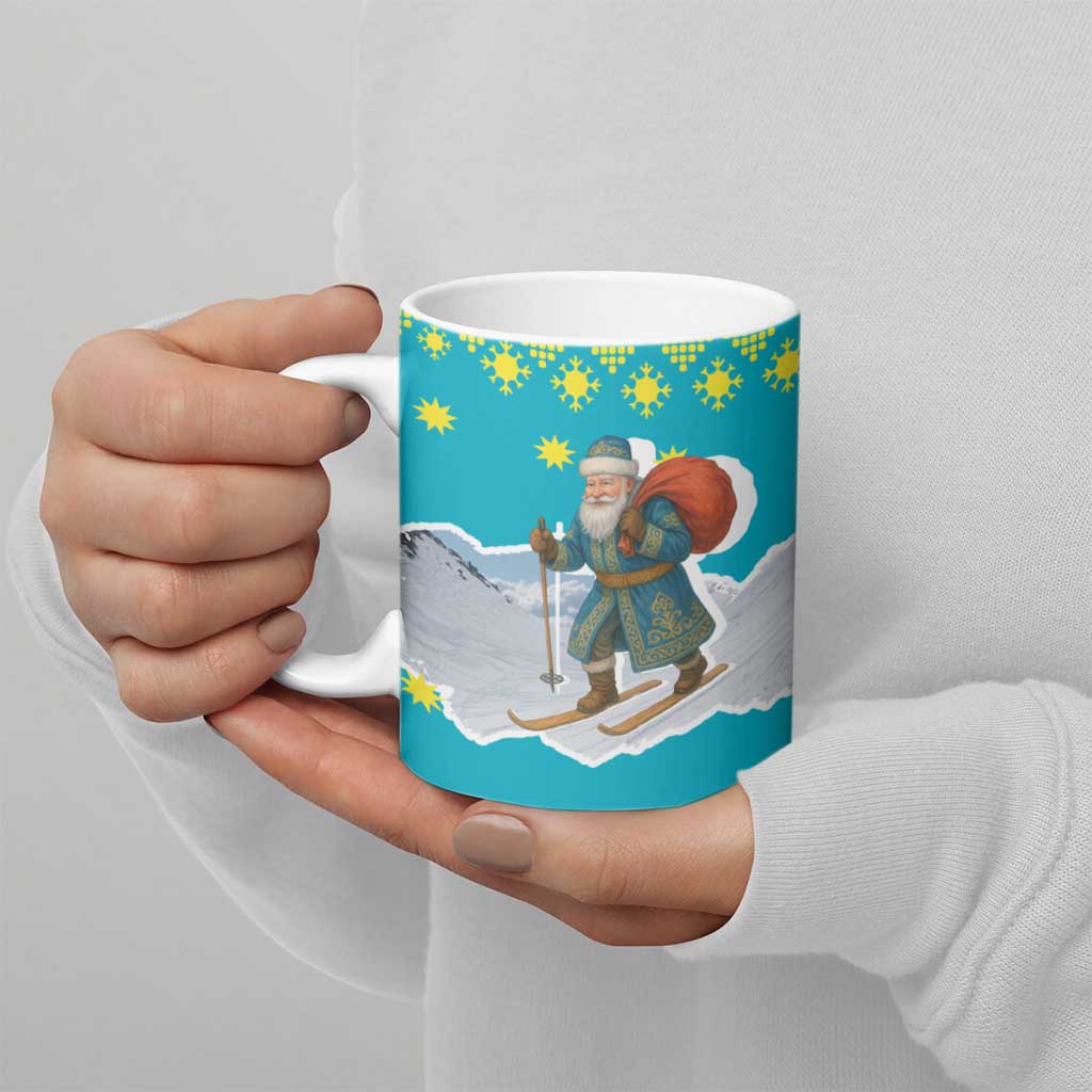 Kazakhstan Christmas Ceramic Mug with Santa Skiing in Traditional Outfit Snow Mountain and Sun Pattern - Wonder Print Shop