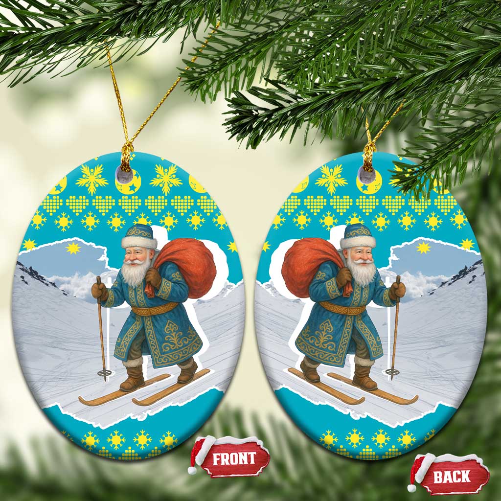 Kazakhstan Christmas Ceramic Ornament with Santa Skiing in Traditional Outfit Snow Mountain and Sun Pattern - Wonder Print Shop