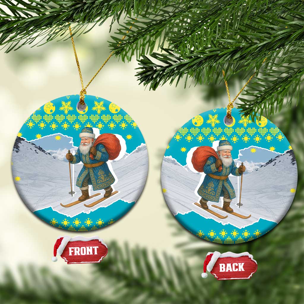 Kazakhstan Christmas Ceramic Ornament with Santa Skiing in Traditional Outfit Snow Mountain and Sun Pattern - Wonder Print Shop