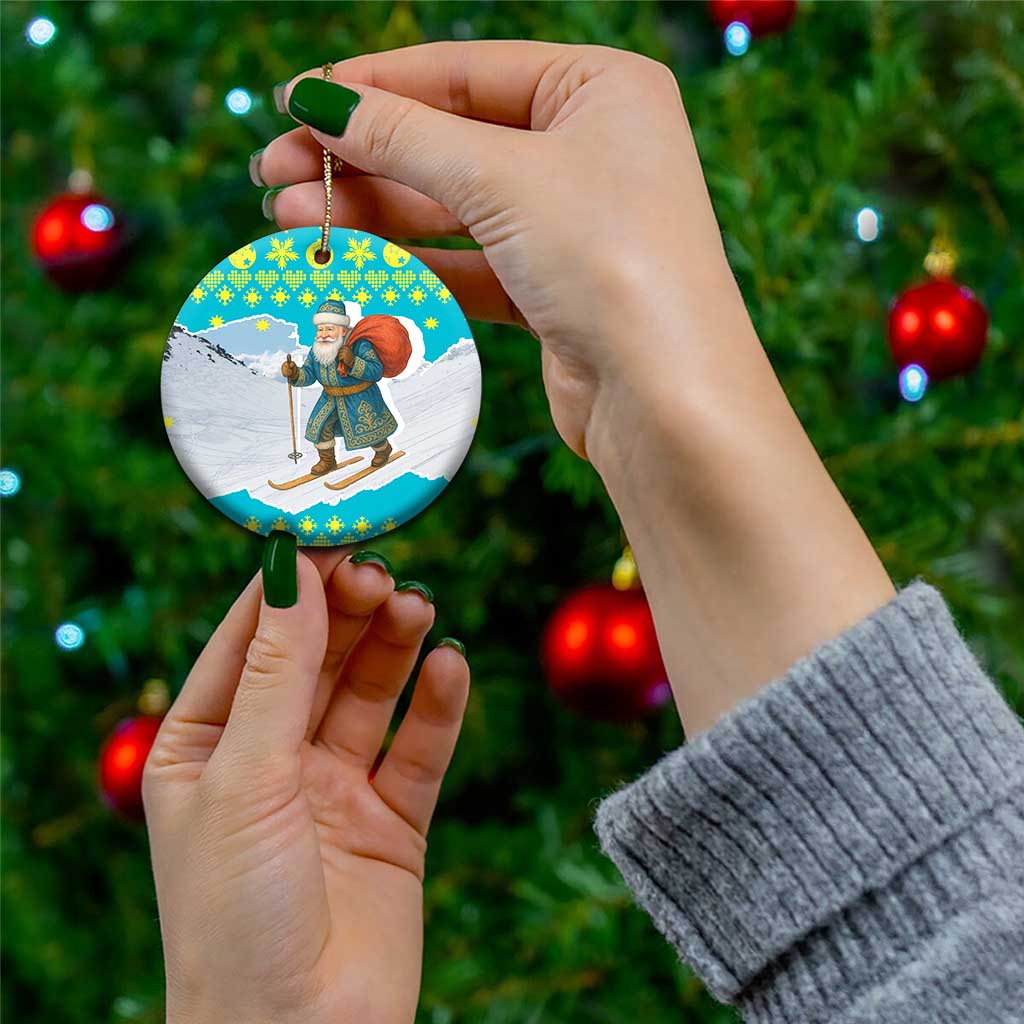 Kazakhstan Christmas Ceramic Ornament with Santa Skiing in Traditional Outfit Snow Mountain and Sun Pattern - Wonder Print Shop