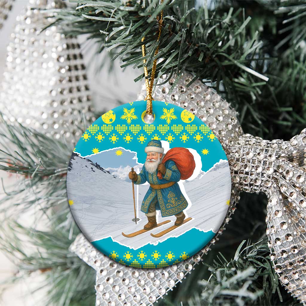 Kazakhstan Christmas Ceramic Ornament with Santa Skiing in Traditional Outfit Snow Mountain and Sun Pattern - Wonder Print Shop