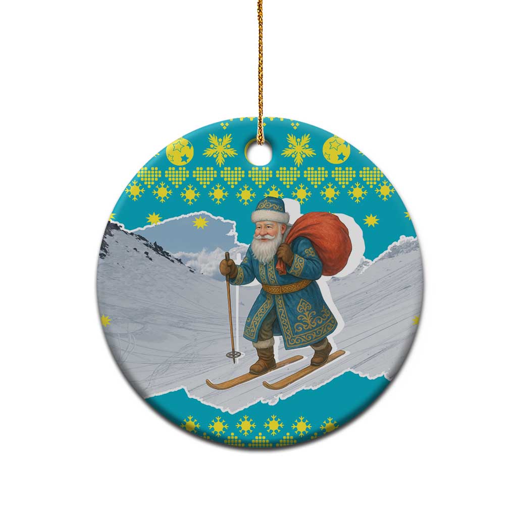 Kazakhstan Christmas Ceramic Ornament with Santa Skiing in Traditional Outfit Snow Mountain and Sun Pattern - Wonder Print Shop