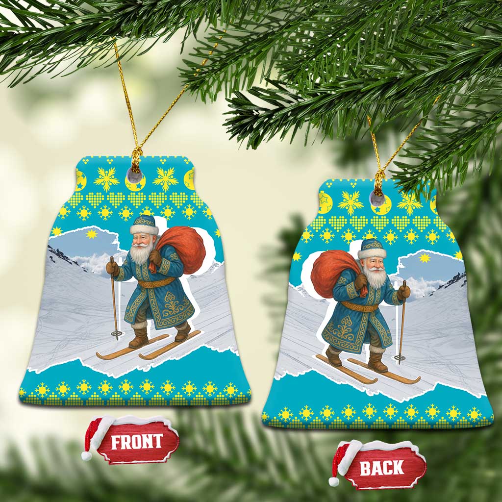 Kazakhstan Christmas Ceramic Ornament with Santa Skiing in Traditional Outfit Snow Mountain and Sun Pattern - Wonder Print Shop
